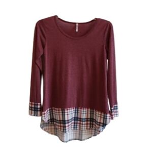 Women's Maroon Plaid Hem Long Sleeve Top
